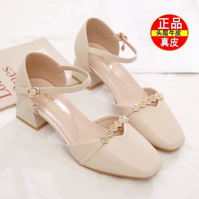 Brand Genuine Leather Toe-Cap Sandals for Women 2025 New Spring and Summer Square Toe Chunky Heel High Heels Hollow Single Shoes Brand Genuine Leather Toe-Cap Sandals for Women 2025 New Spring and Summer Square Toe Chunky Heel High Heels Hollow Single Shoes