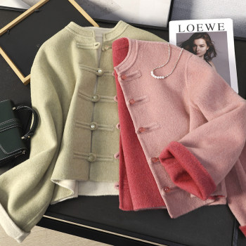 华子家 新中式双面呢羊毛大衣女秋冬国风盘扣骆驼绒毛呢外套45239