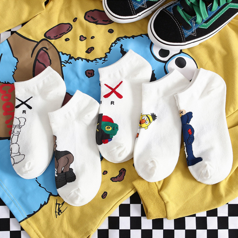 Five Pairs of Socks for Women European and American Cartoon Sesame Street Anime Ladies Boat Socks Pure Cotton Shallow Mouth Sports Casual Socks Men's Trendy