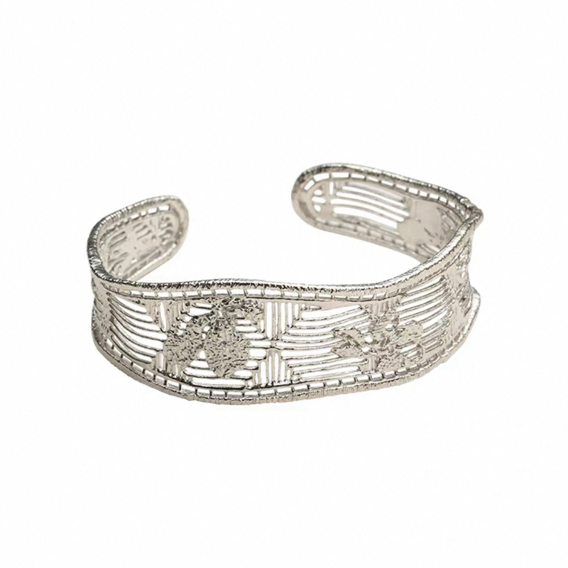 New Chinoiserie Gardenia Fiber Copper-Plated 925 Silver Open Bracelet Women's High-End Bracelet Wide Bracelet Jewelry