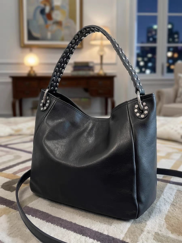 Moxi·Imported First-Layer Vegetable-Tanned Cowhide Underarm Bag, Fashionable Rivet Tote Bag, Large-Capacity Shoulder Bag