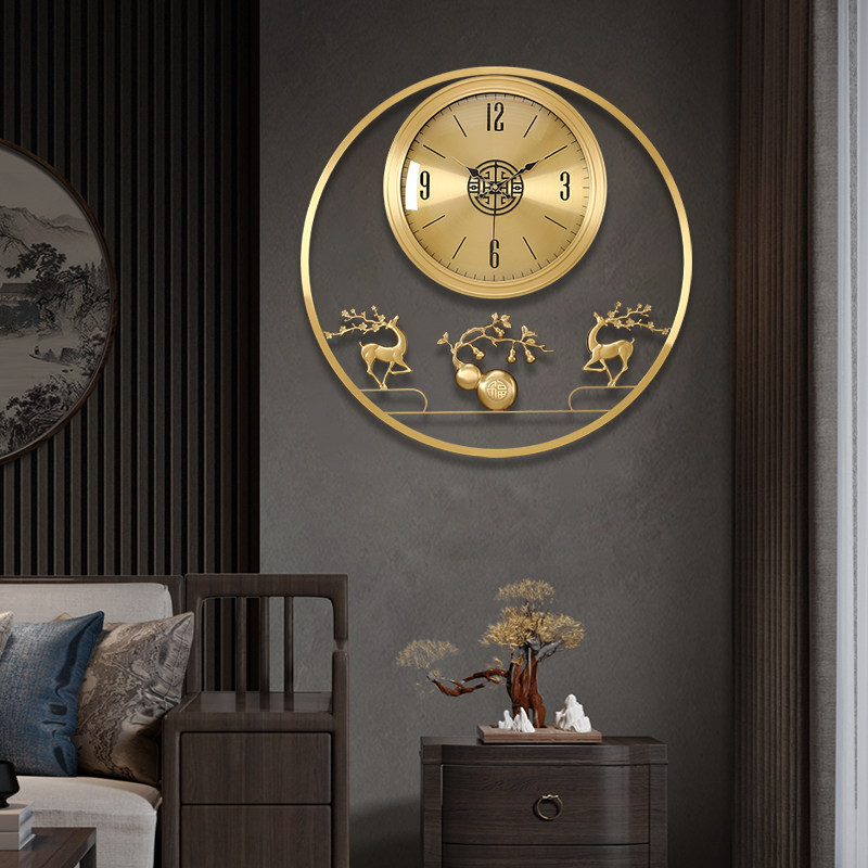 New Chinese Brass Foe Deer Hanging Clock Living Room Light Lavish Decoration Round Clock Home Wall Hanging Watch Creative Clock-Taobao