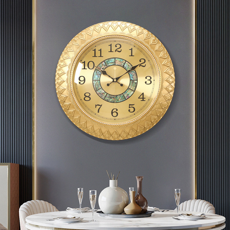 Eurostyle clock hanging bell sitting room home quartz clock light extravagant brass round silent clock hanging wall Lie sound core hanging watch-Taobao