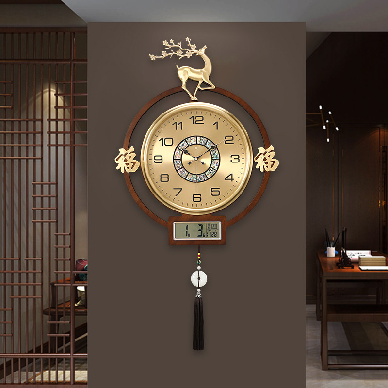 New Chinese hanging clock Wanyear calendar light extravagant brass deer clock living room home hanging wall clock modern creative decoration table-Taobao