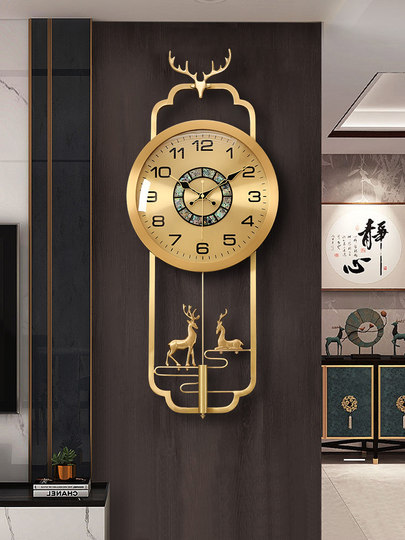 新中式黄铜挂钟家用轻奢表挂墙客厅装饰壁钟大厅玄关静音石英钟表