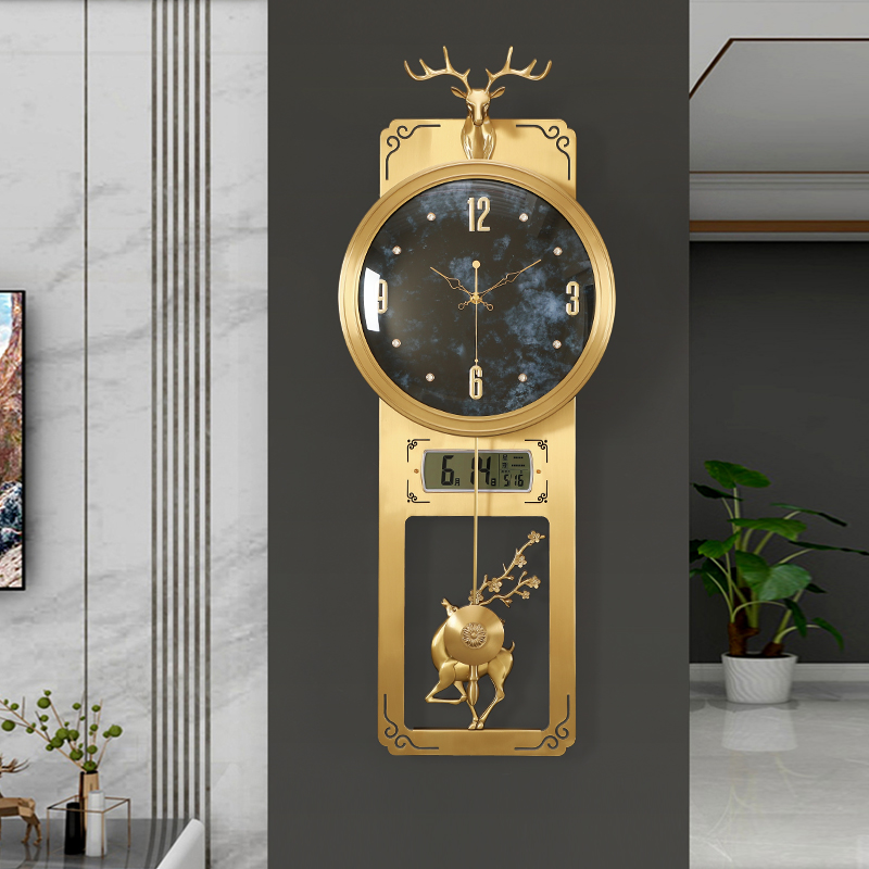 Light extravagant brass deer hanging bell new Chinese style home living room decoration wall clock Wanyear calendar atmosphere hanging wall clock-Taobao