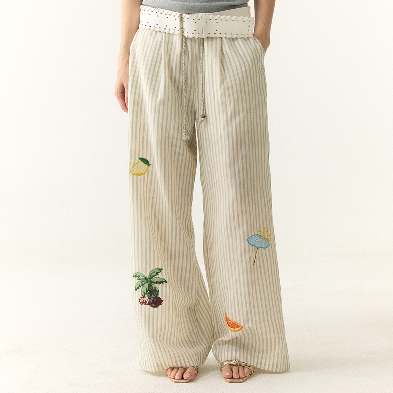 Wii Wil Tencel Linen Summer Vacation Patchwork Embroidered Pattern Striped Loose Casual Wide-Leg Pants Elastic Waist Long Pants Wii Wil Tencel Linen Summer Vacation Patchwork Embroidered Pattern Striped Loose Casual Wide-Leg Pants Elastic Waist Long Pants