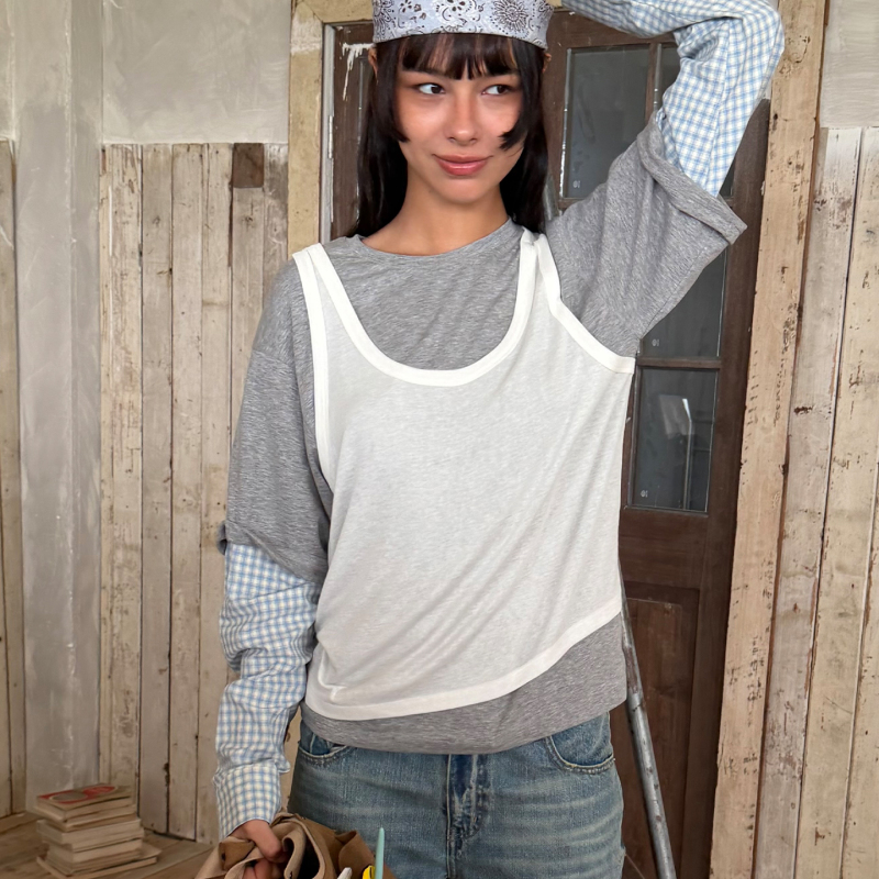 Wii Wil Fake Three-Piece Layered Shirt Sleeves with Patchwork Vintage Style Wool Tencel Cotton Lyocell Long-Sleeve T-Shirt Wii Wil Fake Three-Piece Layered Shirt Sleeves with Patchwork Vintage Style Wool Tencel Cotton Lyocell Long-Sleeve T-Shirt