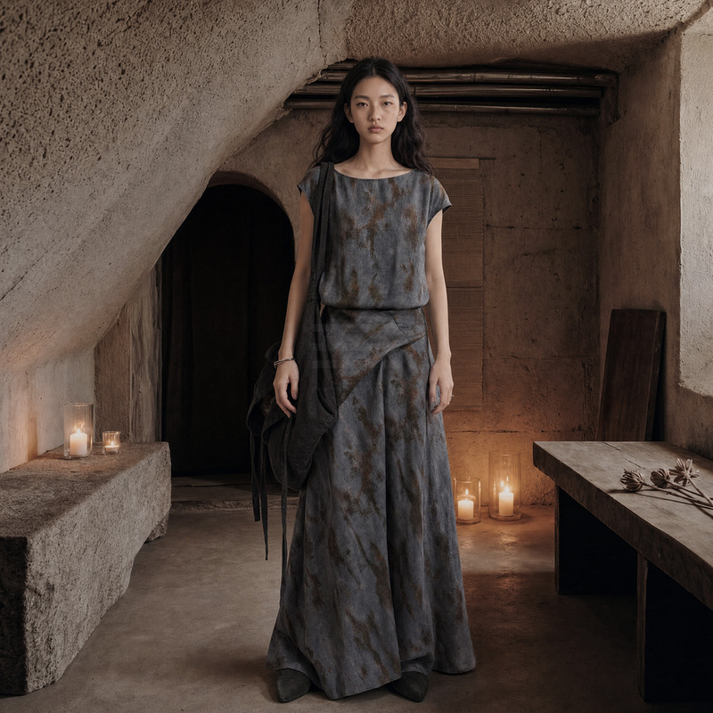 Catalpalew'Old Berlin Platycodon' Ruined Aesthetics Rust Oxidation Stain Lyocell Waist-Cinching Dress Catalpalew'Old Berlin Platycodon' Ruined Aesthetics Rust Oxidation Stain Lyocell Waist-Cinching Dress