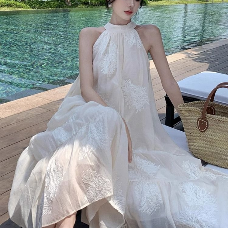 Plus Size 150kg French Embroidered Halterneck Dress for Women, Summer Knee-Length Sleeveless Off-Shoulder Long Skirt with Wide Hem, Vacation Style