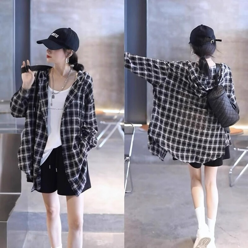 Summer New Plaid Shirt for Women, Sun Protection Clothing, European Style, Lazy Style, Textured Hooded Sun Protection Jacket ins