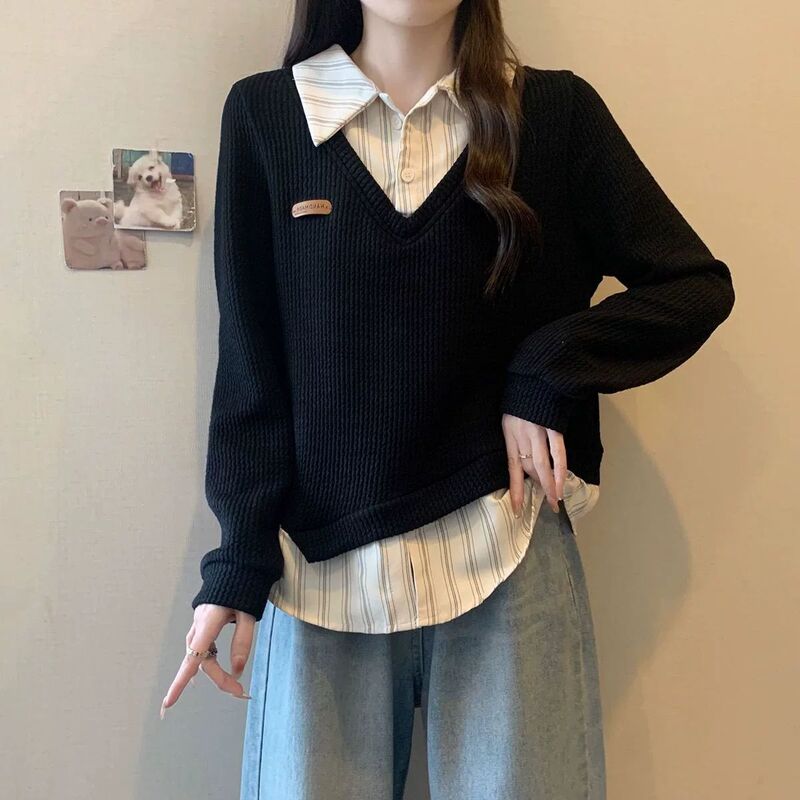 Plus Size 150kg Women's Faux Two-Piece Polo Collar Sweatshirt with Irregular Striped Patchwork for Spring and Autumn