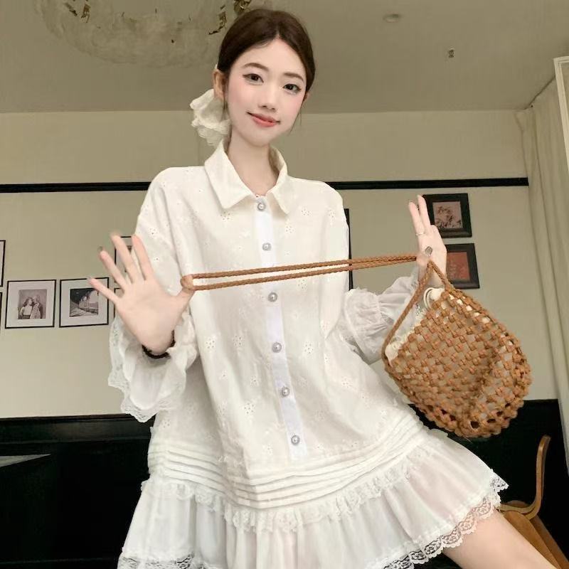 Plus Size 150kg Fat mm Lace Patchwork Shirt Dress for Women, Autumn Polo Collar Belly-Covering Long-Sleeved Dress ins Plus Size 150kg Fat mm Lace Patchwork Shirt Dress for Women, Autumn Polo Collar Belly-Covering Long-Sleeved Dress ins