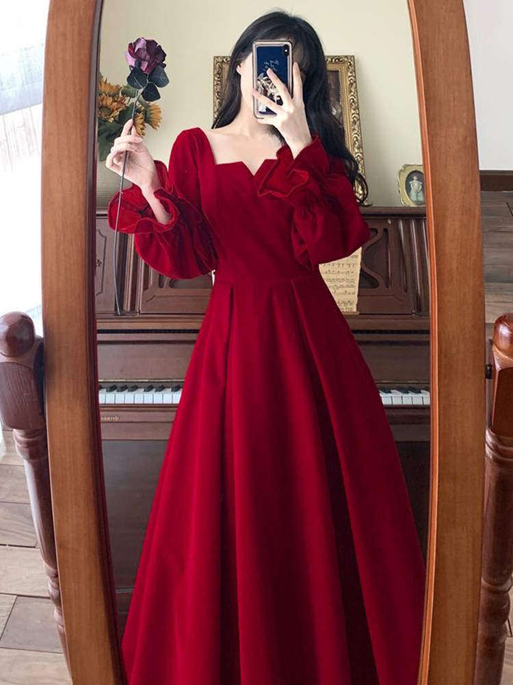 Plus Size 150kg Fat mm French Retro Red Dress for Women, New Spring & Fall Style, High-End, Elegant, Slimming Long Skirt