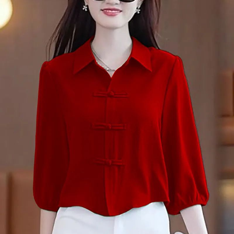 Chinese-Style Autumn Shirt, Loose Fit, Slimming, Versatile, Elegant, Three-Quarter Sleeves, Tummy-Covering, Button-Up Top for Women Chinese-Style Autumn Shirt, Loose Fit, Slimming, Versatile, Elegant, Three-Quarter Sleeves, Tummy-Covering, Button-Up Top for Women