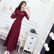 Quần áo nữ mùa thu 2018 phiên bản Hàn Quốc mới của các quý cô khí chất thắt nút cổ áo mở nĩa tay áo đính cườm váy dài váy