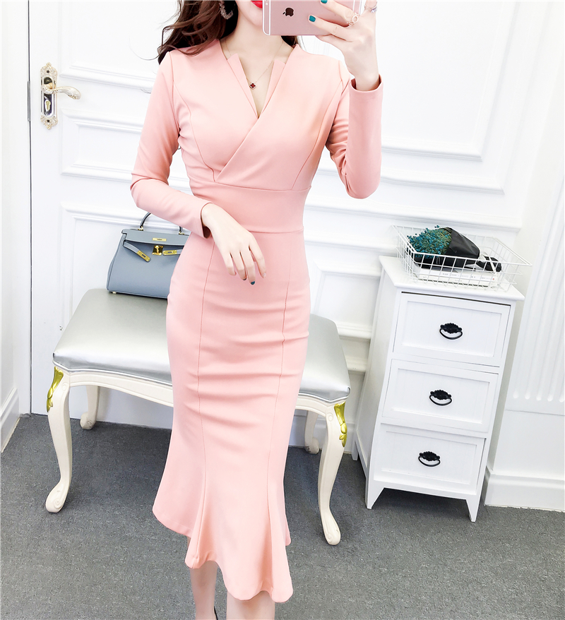 2018 thu đông mới của phụ nữ khí chất Hàn Quốc nữ cổ chữ V dài tay tự trồng túi đeo hông váy đuôi cá váy đầm đầm sơ mi thắt eo