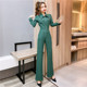 2022 autumn and winter new fashion temperament bright silk goddess fan slim waist high waist jumpsuit wide leg straight trousers