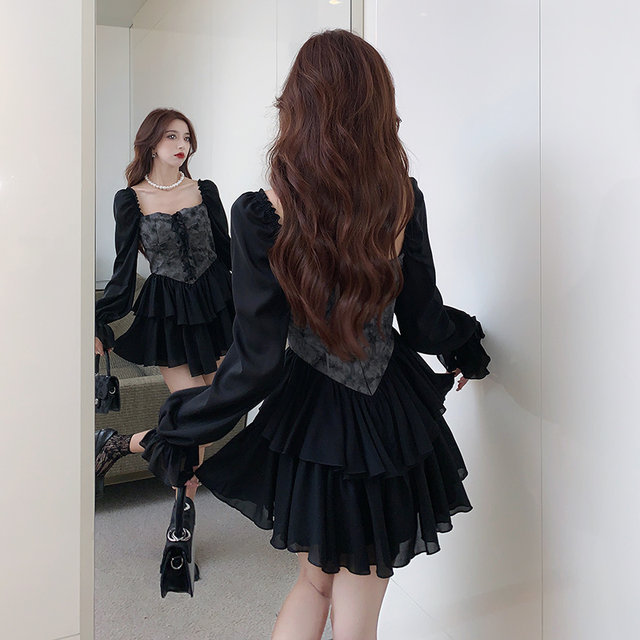 Retro, high-end, pure desire, hot girl, Korean style, little black dress, age-reducing, small, fluffy dress, female autumn new style