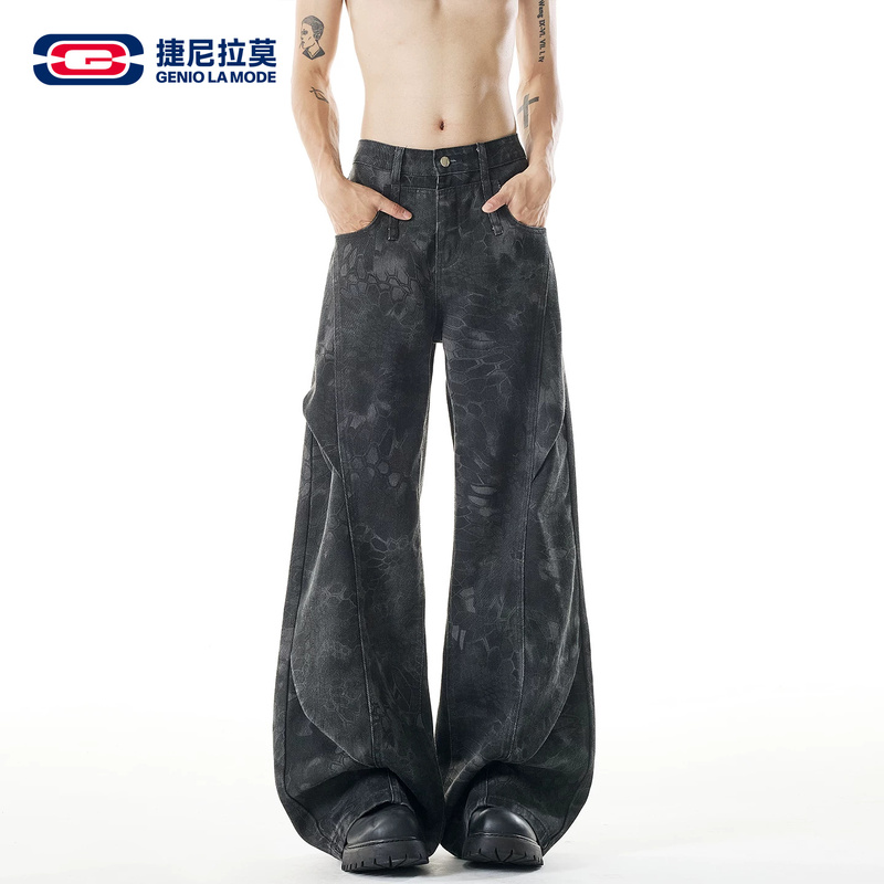 Geniolamode Black Printed Pleated Design Jeans Men's New Autumn Style American Style Spliced Wide-Leg Pants Geniolamode Black Printed Pleated Design Jeans Men's New Autumn Style American Style Spliced Wide-Leg Pants