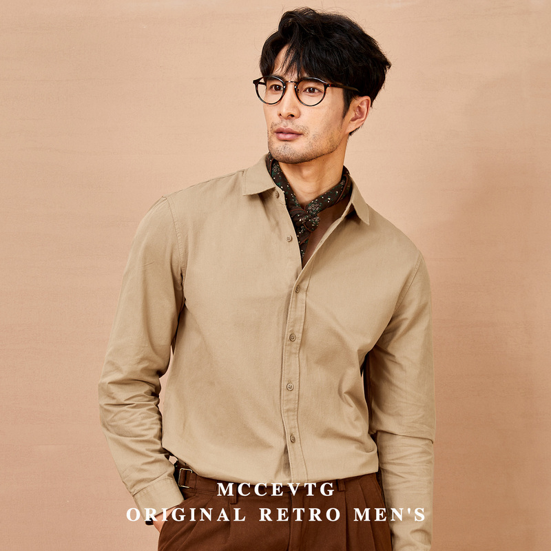 Mccevtg American Retro Old Money Style Khaki Shirt Men's Casual Workwear Pure Cotton All-Season Long-Sleeved Shirt Mccevtg American Retro Old Money Style Khaki Shirt Men's Casual Workwear Pure Cotton All-Season Long-Sleeved Shirt