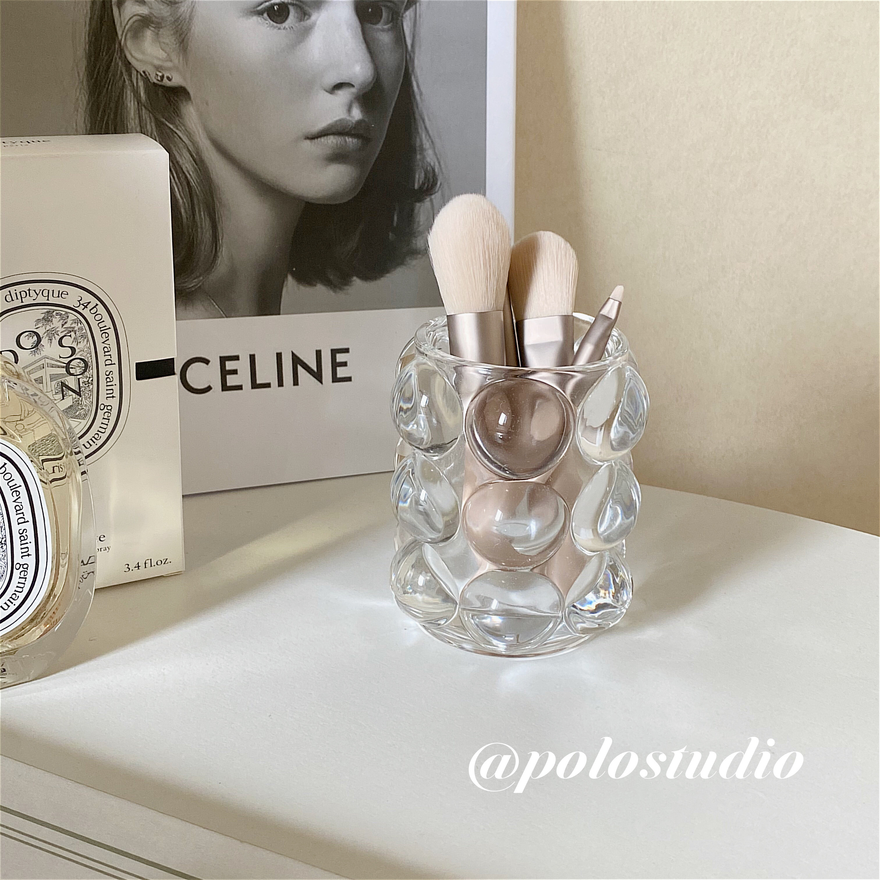 POLO Korean niche transparent dot glass pen holder makeup brush storage tube sundries storage photo props