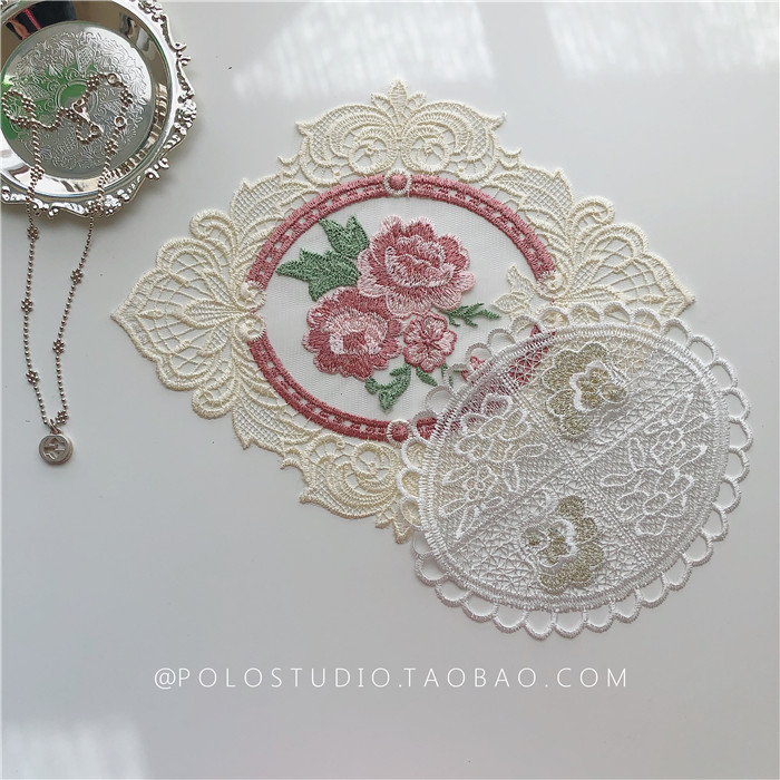 Retro Eurostyle Lace Small Flower Rose Cloud Embroidered Cup Cushion Table Cushion Dining Mat Background Cloth Swing Pat Props Table Cloth