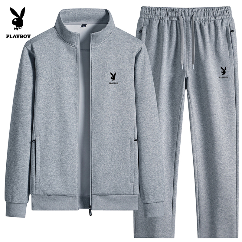 Playboy Pure Cotton Sports Suit Men's Spring and Autumn New Style Casual Stand-Up Collar Cardigan Jacket Two-Piece Set for Young and Middle-Aged People Playboy Pure Cotton Sports Suit Men's Spring and Autumn New Style Casual Stand-Up Collar Cardigan Jacket Two-Piece Set for Young and Middle-Aged People