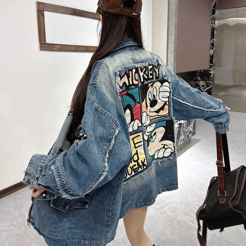 European-Style Oversized Denim Shirt, Unisex, Loose Fit, Hip-Hop Jacket, Light Luxury, High-End, Cartoon-Style Trench Coat, Trendy