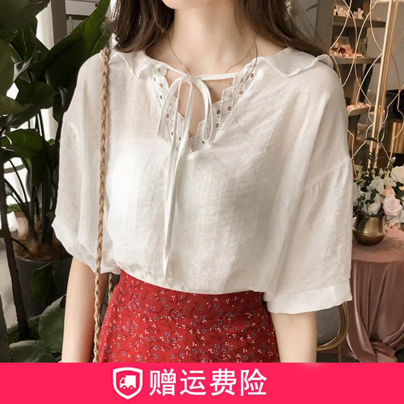 White chiffon shirt top women's short-sleeved summer new large size fat MM220 catties design sense niche lace-up shirt