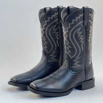 新款经典黑色西部牛仔靴男靴骑士马靴套筒刺绣牛皮缝制机车靴