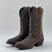 42码微瑕真牛皮刺绣西部牛仔靴粗跟骑士马靴套筒