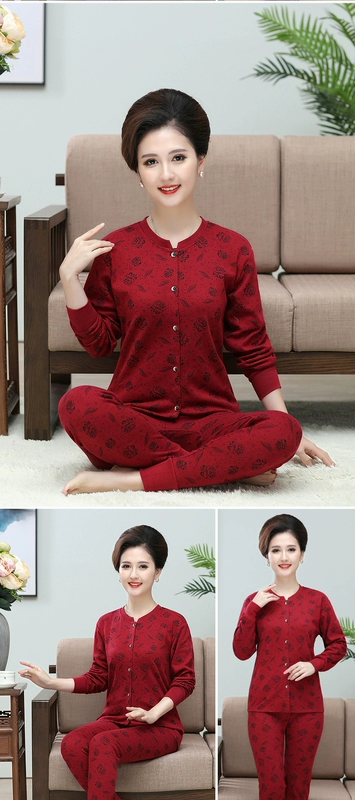 Trung niên và cũ bông nhiệt đồ lót của phụ nữ cardigan mùa thu quần áo dài quần phù hợp với ông già đỏ năm nay chống lại các bông áo len bộ