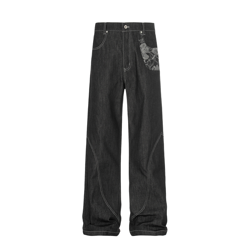 K12 25 Japan Okayama "Blue and White Porcelain Patterned Jacquard Vintage Straight High-Strength Raw Denim Baggy Pants