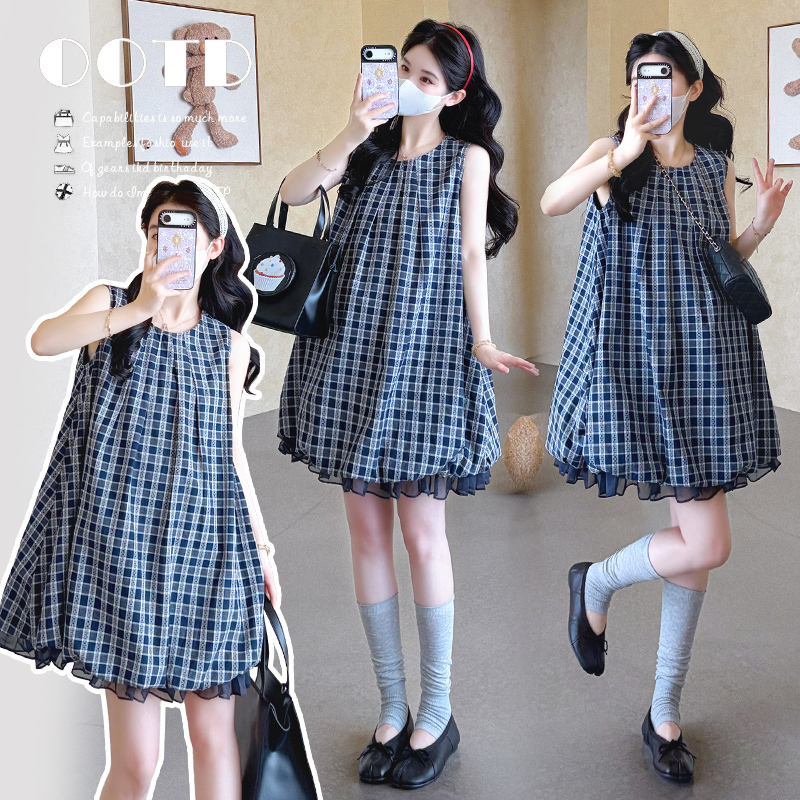 Maternity Wear, Beautiful Dress during Pregnancy, 2026 New Style Dress, Summer Korean Style Retro Plaid Sleeveless Bud Dress