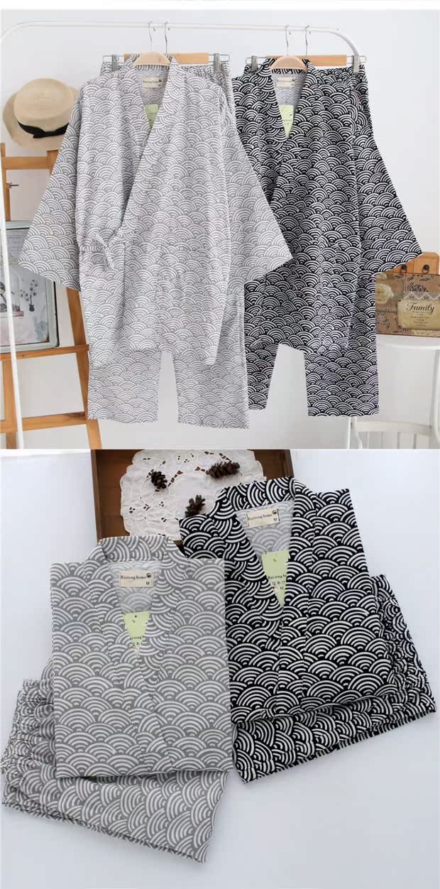 Qinghai sóng vài bộ đồ ngủ kimono thiết lập quần dài tay nhà làm việc yukata bông gạc phần mỏng đồ bộ cho người 60 tuổi