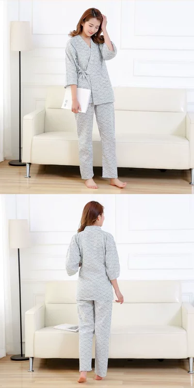 Qinghai sóng vài bộ đồ ngủ kimono thiết lập quần dài tay nhà làm việc yukata bông gạc phần mỏng