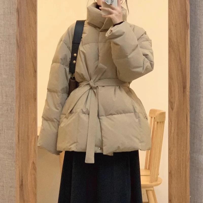Super Stylish Lace-Up Waist-Cinching Mid-Length down Jacket for Women, New Winter Korean Style, Petite Stand-Up Collar Thick Cotton Coat