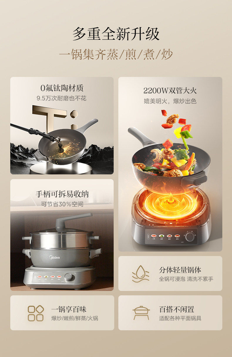 Плиты 美的钛陶不粘电炒锅家用多功能分体式炒菜锅一体式铁锅电火锅煮锅 Midea