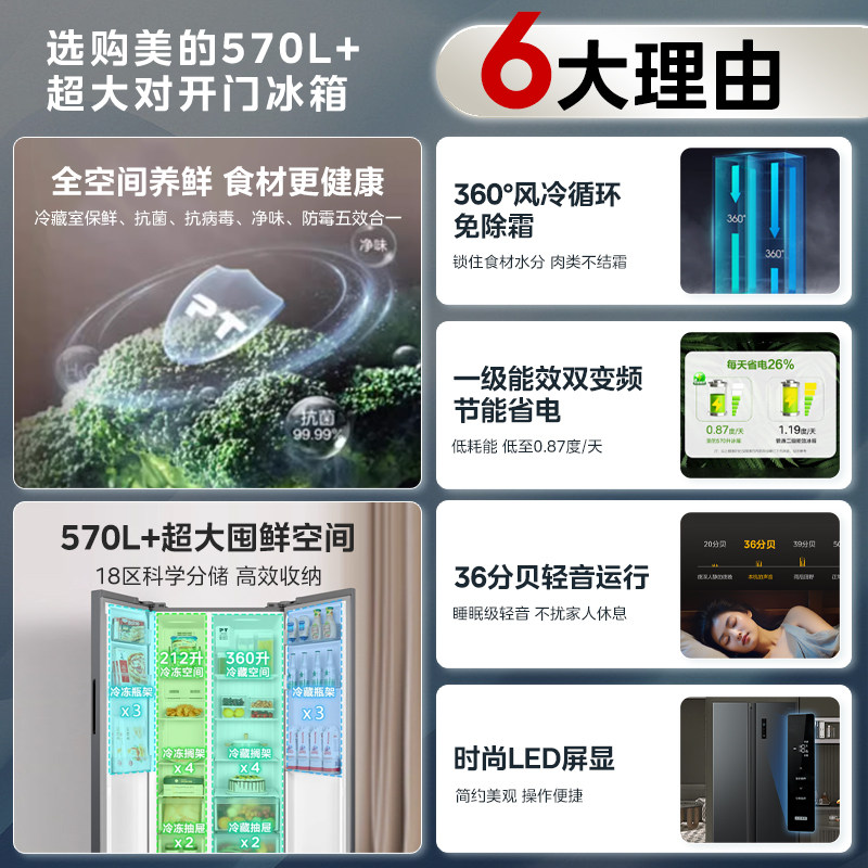 Midea 570+ Double-Door Large-Capacity Household Refrigerator, First-Class Energy-Saving, Frost-Free, Ultra-Thin