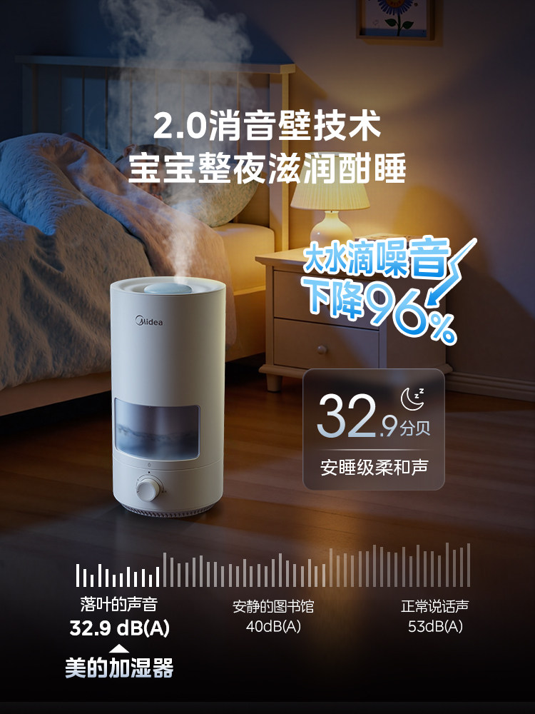 Midea Humidifier for Home Bedroom, Quiet and Antibacterial, Suitable for Pregnant Women and Infants, 3D50 Air Humidification, Large Spray, 2025 Model