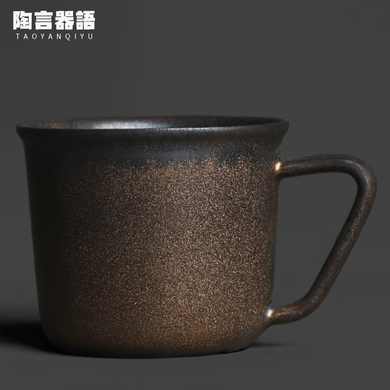 Vintage Kiln-Fired Black Gold Handle Coffee Cup, Coarse Pottery Material, Personal Household Milk Juice Mug