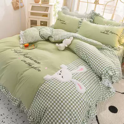 Non-Pilling, non-fading Korean thick abrasive bed skirt four-piece set of cute rabbit rabbit three-dimensional embroidery quilt cover sheet