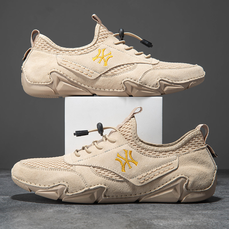 New Summer Hollowed-out Leather Shoes Man Genuine Leather Han Edition 100 Hitch Men's Net Face Casual Breathable Bean Bean Shoe Soft Base Youth