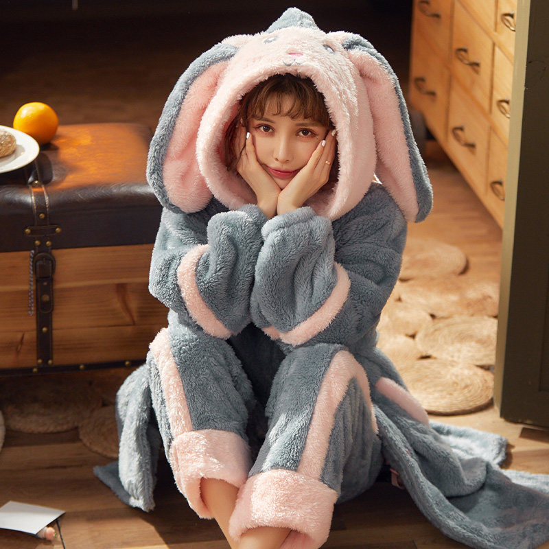 Nightgown women's winter long coral fleece pajamas women's autumn and winter thickened rabbit flannel 2022 new home clothes