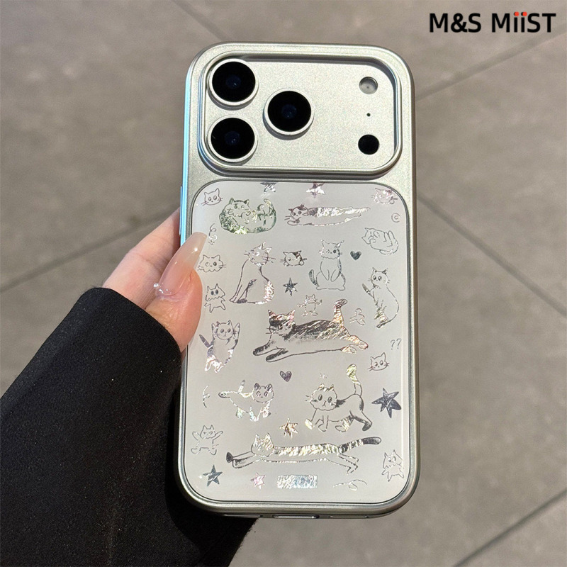 Msmiis Is Suitable for Iphone17Promax Special Mobile Phone Case 17Air2026 New Silver-Edged Line Cat Design Apple 16Pro Glass Sheet Color Gold 15 Carbon Fiber Skin-Feel Full-Cover Protective Case