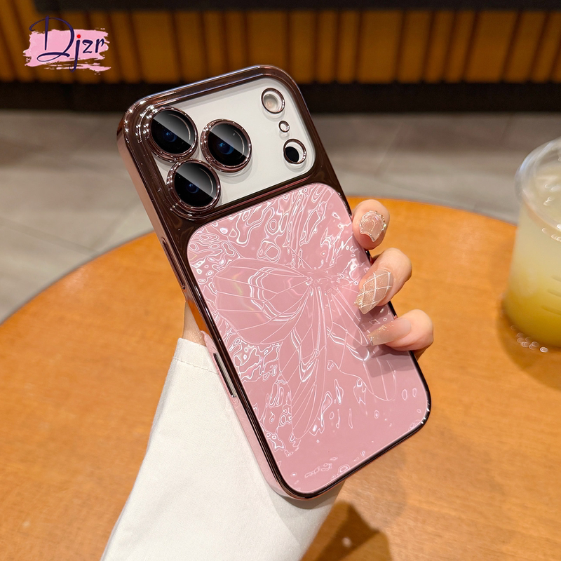 Djzr Is Suitable for Iphone17Promax Mobile Phone Case, New High-End Girly Pink Glass Butterfly Pattern Popular Case for Women, Apple 16P Ultra-Thin Heat Dissipation Full-Cover Lens 15 Anti-Fall Protective Case