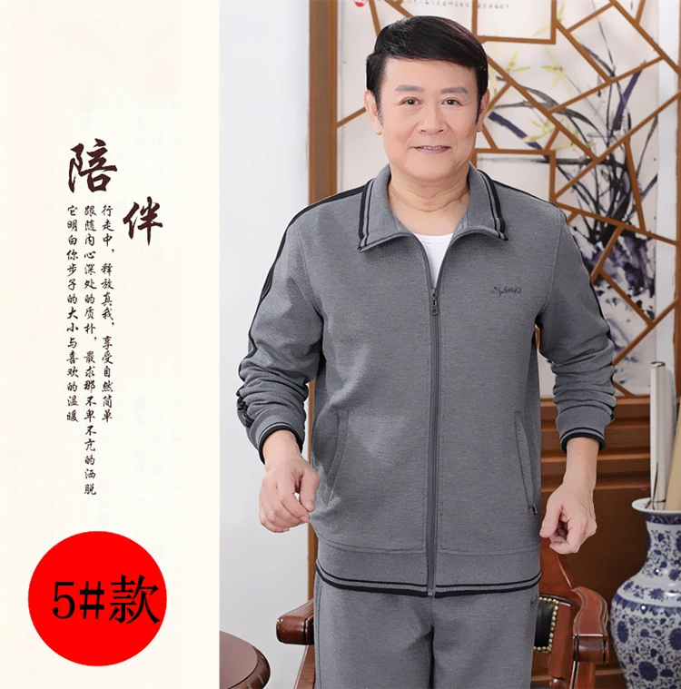 Bộ đồ thể thao trung niên nam mùa xuân và mùa thu Cha trung niên cha thể thao mùa thu quần áo thể thao hai mảnh cũ - Thể thao sau