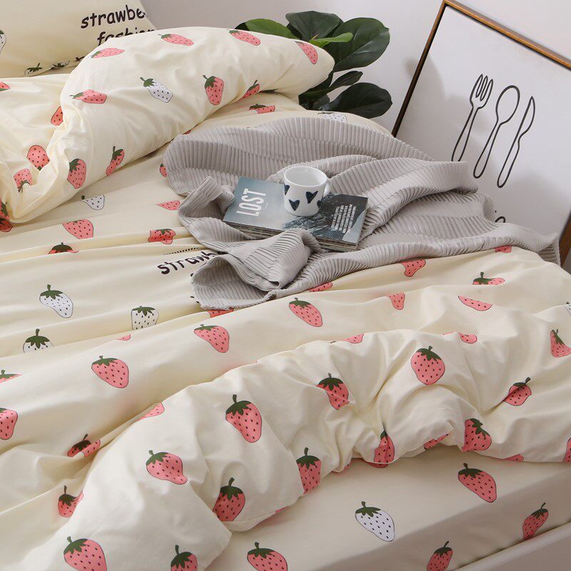 Cute fruit strawberry net red bed three-piece quilt cover four-piece cotton pure cotton bedding princess style
