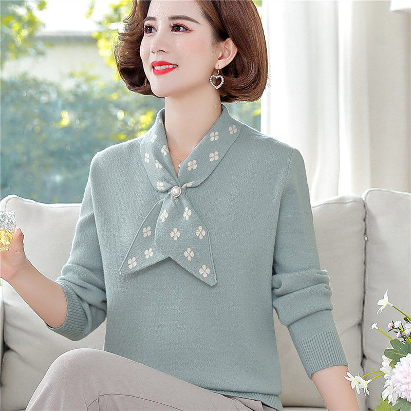 Foreign Pie Moms Spring Dress Needles Jersey Middle-aged Woman 40-Year-Old 50 Beats Bottom Blouses Mid-Aged Spring Autumn Foreign Pie Hooded Sweater